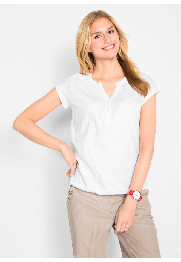 bonprix - T-shirt bawełniany. Typ kołnierza: dekolt w serek. Kolor: biały. Materiał: bawełna. Długość rękawa: krótki rękaw. Długość: krótkie