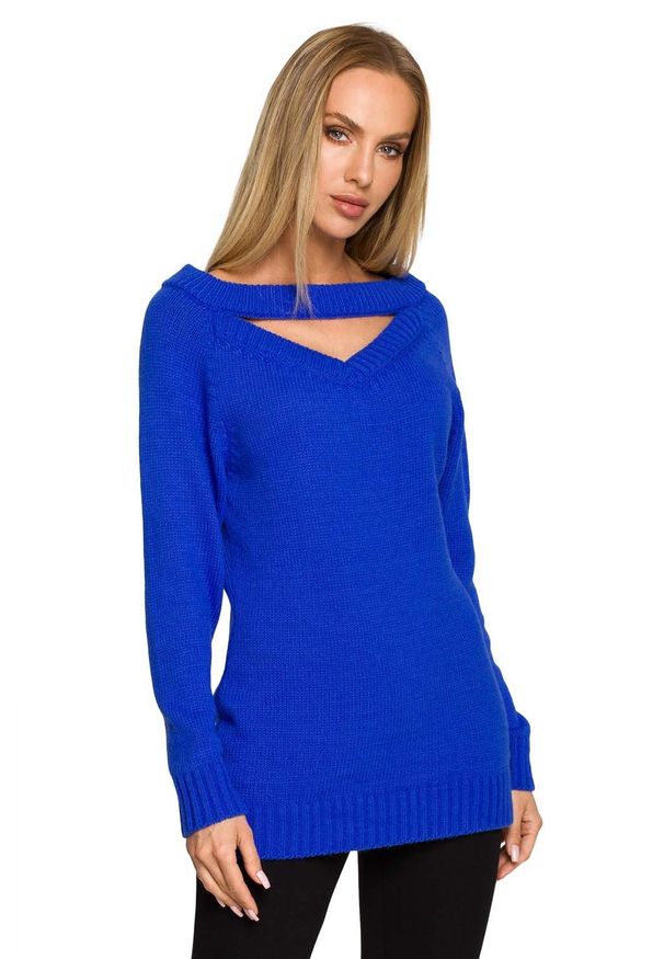 MOE - Sweter z Wycięciem na Dekolcie - Szafirowy. Kolor: niebieski. Materiał: nylon, akryl
