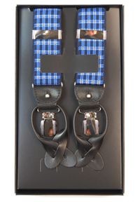 Modini - Niebieskie szelki w kratkę G35. Kolor: niebieski. Materiał: skóra, guma. Wzór: kratka #1