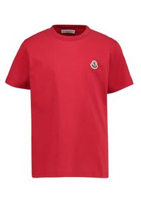 MONCLER KIDS - Czerwony t-shirt z bawełny 4-14 lat. Okazja: na co dzień. Kolor: czerwony. Materiał: bawełna. Wzór: aplikacja. Sezon: lato. Styl: klasyczny, casual