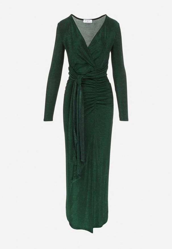 Born2be - Zielona Sukienka Błyszcząca z Marszczeniem i Kopertowym Dekoltem Mimovia. Typ kołnierza: dekolt kopertowy, dekolt w kształcie V. Kolor: zielony. Materiał: wiskoza. Długość rękawa: długi rękaw. Typ sukienki: kopertowe. Styl: elegancki