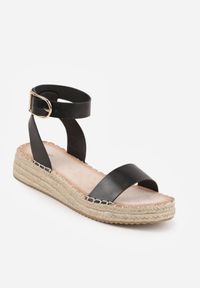 Born2be - Czarne Sandały VICES na Grubej Plecionej Podeszwie z Paskiem Wokół Kostki Roselena. Okazja: na spacer, na co dzień. Zapięcie: pasek. Kolor: czarny. Materiał: len. Wzór: haft. Sezon: lato. Styl: casual, elegancki #6