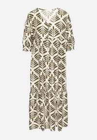 Born2be - Zielona Rozkloszowana Sukienka z Wiskozą z Motywem Roślinnym Loredia. Okazja: na co dzień. Typ kołnierza: dekolt w kształcie V. Kolor: zielony. Materiał: wiskoza. Długość rękawa: krótki rękaw. Wzór: aplikacja. Styl: elegancki, casual #7