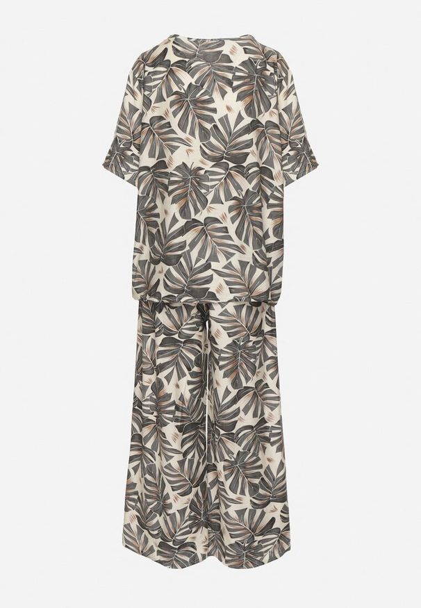 Born2be - Szary Wiskozowy Komplet z Motywem Roślinnym Szerokie Spodnie i T-shirt Evianira. Kolor: szary. Materiał: wiskoza. Wzór: aplikacja