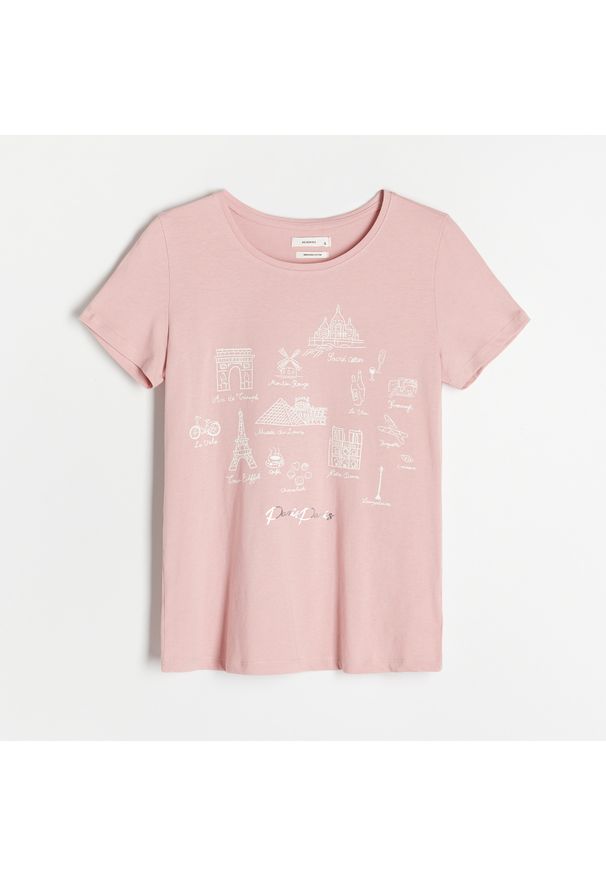 Reserved - Bawełniany t-shirt - Różowy. Kolor: różowy. Materiał: bawełna