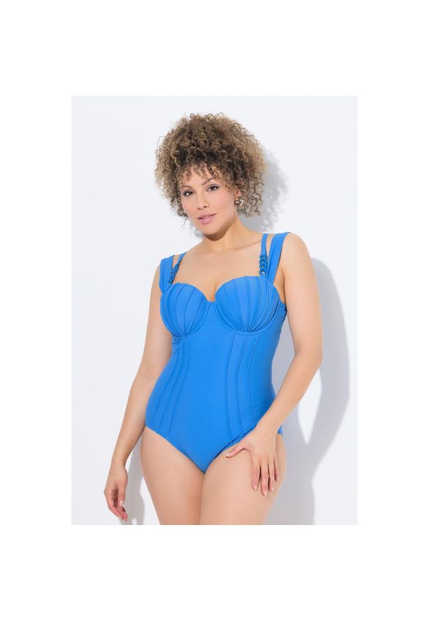 ULLA POPKEN - Damski Strój kąpielowy fiszbiny zaszewki podwójne ramiączko. Kolekcja: plus size. Kolor: niebieski. Materiał: elastan, poliamid, materiał