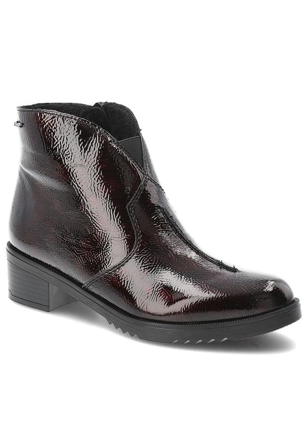 Czerwone Botki Rieker Eleganckie Lakierowane Obuwie Damskie. Okazja: na co dzień. Kolor: czerwony. Materiał: lakier. Sezon: zima, jesień. Obcas: na obcasie. Styl: elegancki. Wysokość obcasa: niski