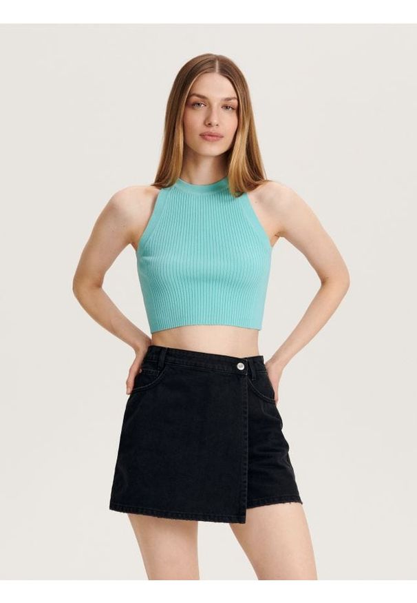 Reserved - Dzianinowy top z wiskozy - niebieski. Kolor: niebieski. Materiał: wiskoza, dzianina