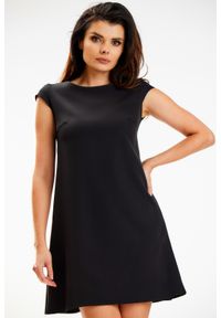 Awama - Trapezowa Mini Sukienka z Krótkim Rękawem - Czarna. Kolor: czarny. Materiał: poliester, elastan. Długość rękawa: krótki rękaw. Typ sukienki: trapezowe. Długość: mini #1