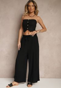 Renee - Czarne Szerokie Spodnie z Wiskozy ze Sznurkiem Natisetia. Okazja: na co dzień. Kolor: czarny. Materiał: wiskoza. Styl: casual, elegancki
