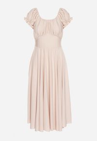 Born2be - Beżowa Sukienka z Bawełną Typu Hiszpanka z Ozdobnymi Bufkami Lunaleia. Okazja: na co dzień. Typ kołnierza: dekolt hiszpanka. Kolor: beżowy. Materiał: bawełna. Styl: casual, elegancki, klasyczny #7