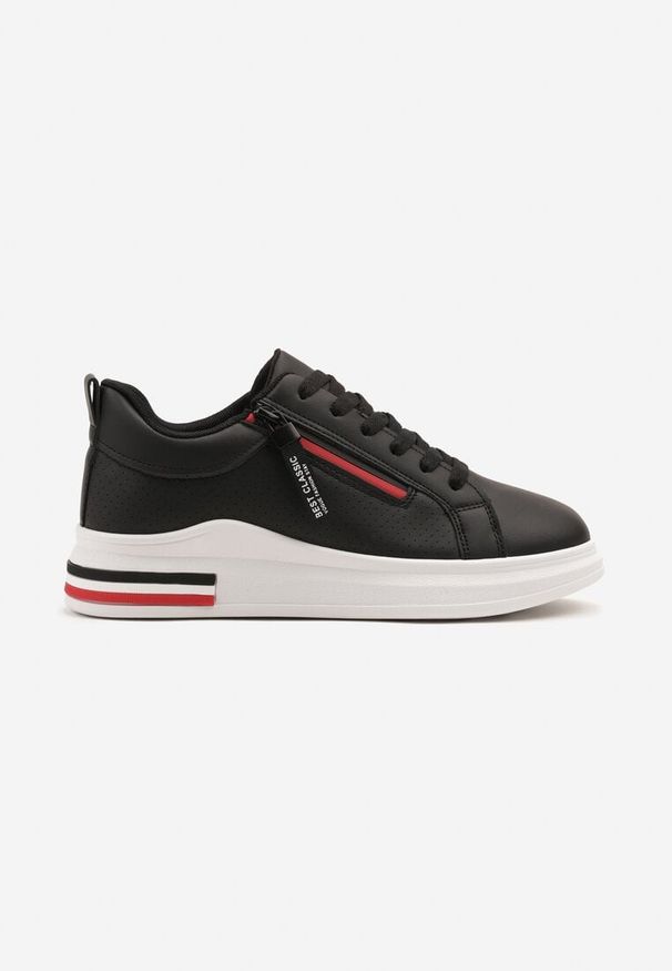 Born2be - Czarne Sneakersy Ozdobione Paskami Suwakiem i Napisami Toslira. Okazja: na co dzień. Zapięcie: pasek. Kolor: czarny. Materiał: jeans. Wzór: aplikacja, napisy