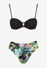 Born2be - Czarno-Zielone Bikini Biustonosz z Metalicznymi Ozdobami i Figi w Abstrakcyjny Wzór Ulosilla. Kolor: czarny. Wzór: aplikacja #3