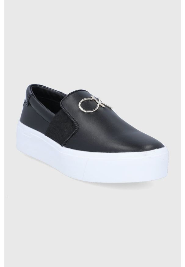 Calvin Klein tenisówki skórzane damskie kolor czarny. Kolor: czarny. Materiał: skóra