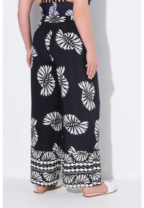 ULLA POPKEN - Damskie Spodnie palazzo nadruk szeroka nogawka elastyczny pas. Kolekcja: plus size. Kolor: czarny. Materiał: wiskoza, materiał. Wzór: nadruk