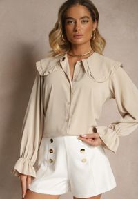 Renee - Beżowa Koszula Ozdobiona Falbankami i Kołnierzykiem Evirana. Okazja: na co dzień. Typ kołnierza: kołnierz z falbankami. Kolor: beżowy. Materiał: jeans. Długość rękawa: długi rękaw. Długość: długie. Wzór: aplikacja. Styl: casual, elegancki