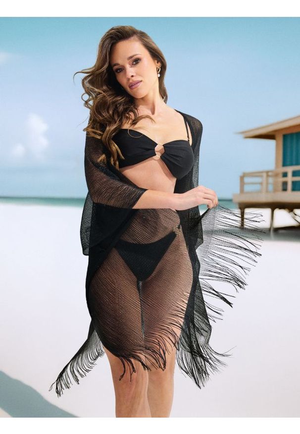 Sinsay - Narzutka plażowa z ozdobnymi frędzlami - czarny. Kolor: czarny