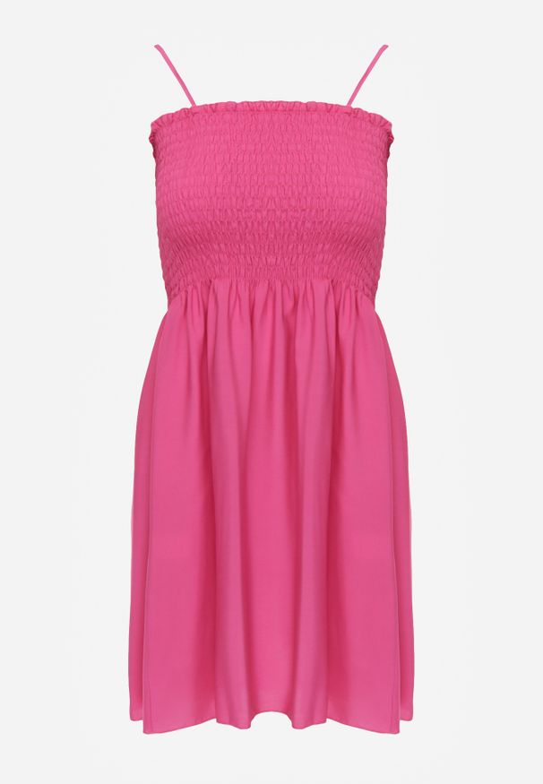 Renee - Fuksjowa Sukienka z Bawełny na Ramiączkach o Rozkloszowanym Kroju z Marszczoną Górą Christten. Okazja: na co dzień. Kolor: różowy. Materiał: bawełna. Długość rękawa: na ramiączkach. Sezon: lato. Typ sukienki: rozkloszowane. Styl: boho, casual, elegancki