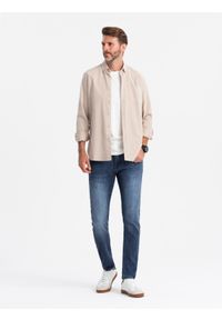 Ombre Clothing - Dopasowane męskie spodnie jeansowe SLIM FIT z elastanem – niebieskie V1 - Rozmiar: XXL. Okazja: na co dzień. Kolor: niebieski. Materiał: jeans, elastan. Wzór: aplikacja. Sezon: lato. Styl: casual