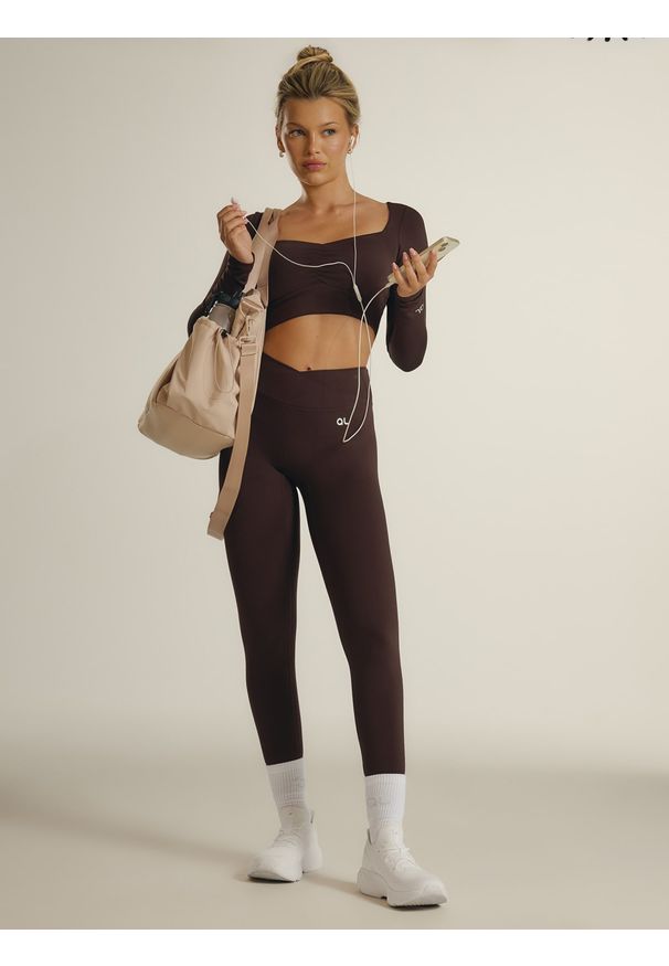 4f - 4F Legginsy treningowe damskie 4F x Anna Lewandowska - brązowe M. Stan: podwyższony. Kolor: brązowy. Materiał: materiał, skóra. Długość: długie. Sport: joga i pilates, fitness