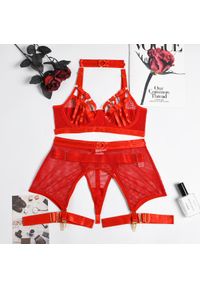 Intica - Komplet bielizny z pasem i podwiązkami elegancki design Palaghia. Kolor: czerwony. Materiał: materiał