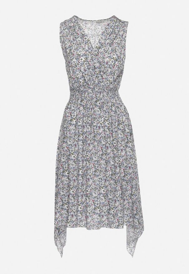 Born2be - Granatowo-Beżowa Sukienka z Elastycznej Bawełny z Asymetrycznym Dołem i Gumką w Pasie Penelorea. Okazja: na spacer, na co dzień. Typ kołnierza: dekolt w kształcie V. Kolor: niebieski. Materiał: bawełna. Typ sukienki: asymetryczne. Styl: elegancki, casual