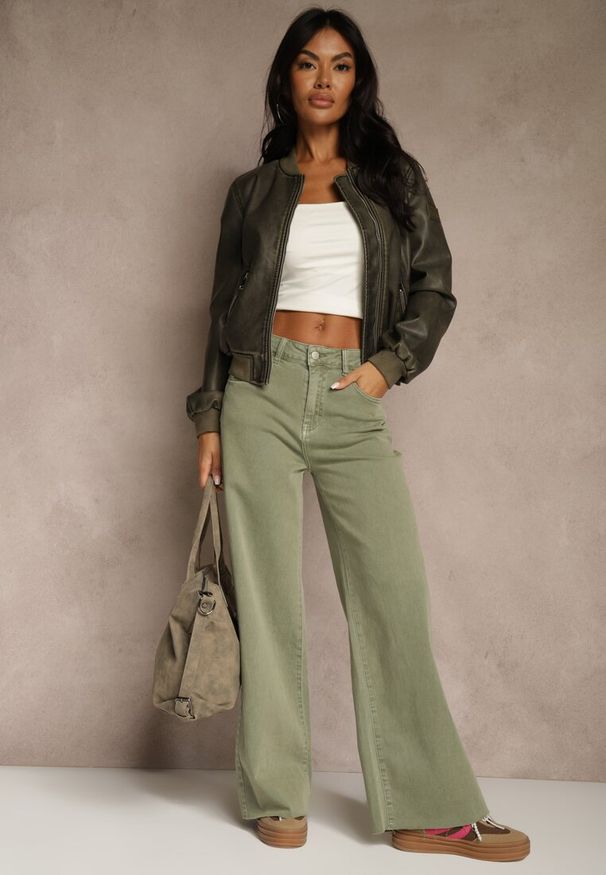 Renee - Ciemnobeżowe Jeansy o Szerokim Kroju z Bawełny High Waist Marquilla. Okazja: na co dzień. Stan: podwyższony. Kolor: beżowy. Długość: długie. Styl: casual