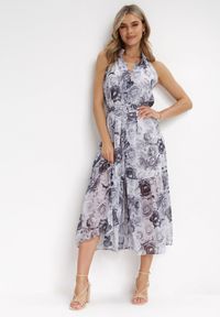 Born2be - Biało-Czarna Rozkloszowana Sukienka z Materiałowym Paskiem Evanagia. Kolor: biały. Materiał: materiał #2