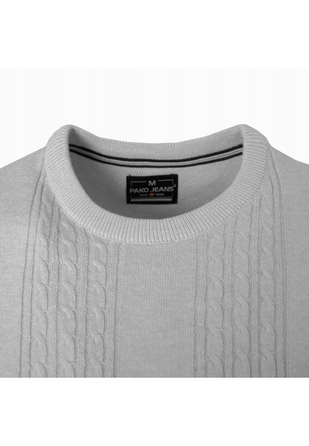 Lekki, Męski Sweter Bawełniany - Pako Jeans - Jasny Popiel, Faktura Materiału. Okazja: do pracy, na spotkanie biznesowe. Materiał: bawełna. Styl: biznesowy, klasyczny