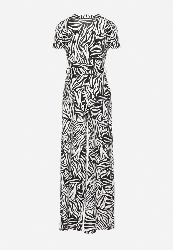 Born2be - Czarno-Biały Kombinezon o Kopertowym Kroju z Szerokimi Nogawkami Saramla. Kolor: czarny. Materiał: skóra. Styl: elegancki, sportowy, klasyczny