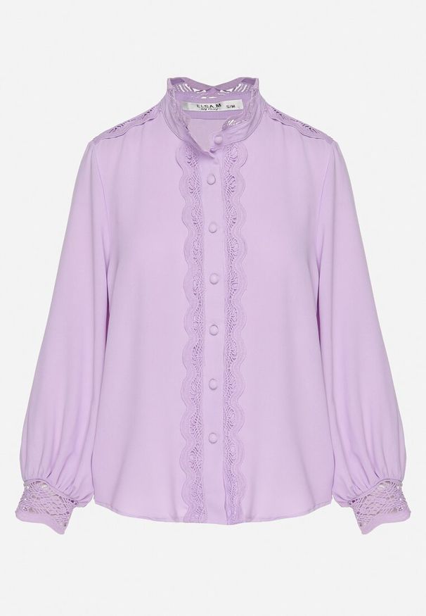 Born2be - Fioletowa Koszula ze Stójką i Koronkowymi Zdobieniami Kalla. Typ kołnierza: kołnierzyk stójkowy. Kolor: fioletowy. Materiał: koronka. Wzór: aplikacja. Styl: vintage