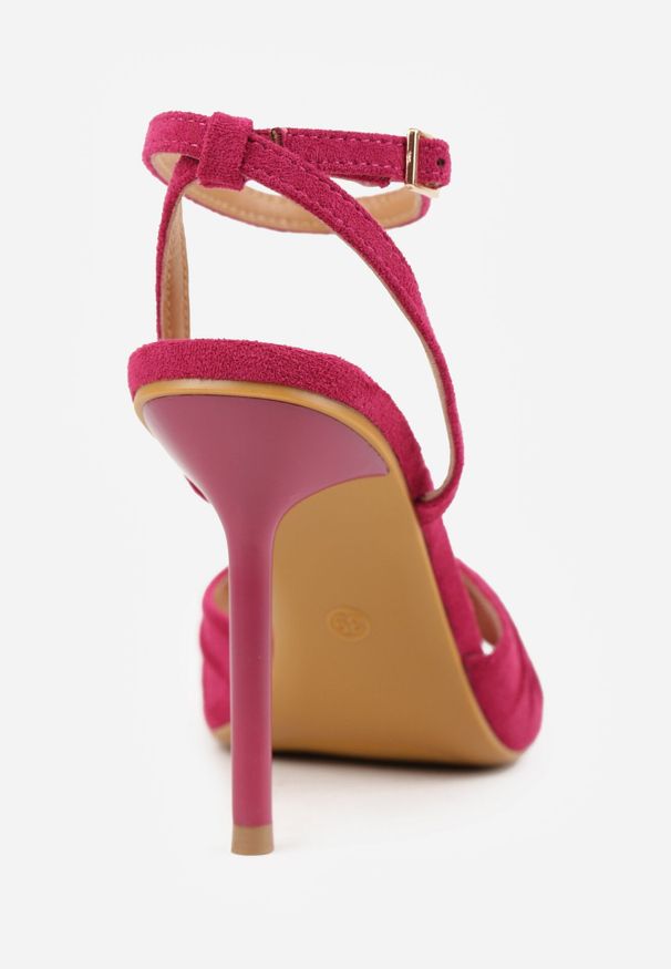 Born2be - Różowe Sandały na Szpilce VICES z Marszczeniem i Metaliczną Aplikacją Nemenoe. Okazja: na wesele, na co dzień, na ślub cywilny. Zapięcie: pasek. Kolor: różowy. Wzór: aplikacja. Obcas: na szpilce. Styl: casual, klasyczny, elegancki