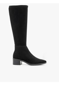 Ryłko - Czarne elastyczne kozaki z szeroką cholewką. Okazja: na co dzień. Zapięcie: zamek. Kolor: czarny. Materiał: syntetyk. Szerokość cholewki: szeroka. Obcas: na obcasie. Styl: street, sportowy, casual. Wysokość obcasa: średni #1