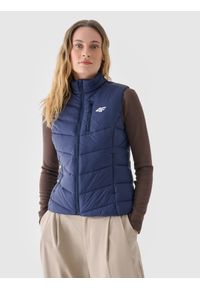 4f - 4F Bezrękawnik puchowy z wypełnieniem syntetycznym damski - granatowy XL. Okazja: na co dzień. Typ kołnierza: kołnierzyk stójkowy. Kolor: niebieski. Materiał: syntetyk, puch. Długość rękawa: bez rękawów. Długość: długie. Wzór: jodełka. Styl: casual, elegancki, sportowy, klasyczny #1