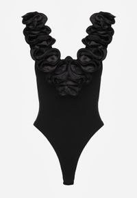 Renee - Czarne Body z Bawełny na Ramiączkach z Ozdobną Falbanką przy Dekolcie Sanadia. Kolor: czarny. Materiał: bawełna. Długość rękawa: na ramiączkach. Styl: elegancki, klasyczny #5