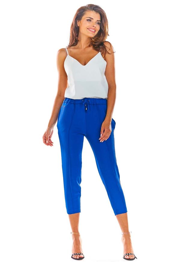 Awama - Niebieskie Stylowe Spodnie z Troczkami. Kolor: niebieski. Materiał: poliester, elastan. Styl: elegancki