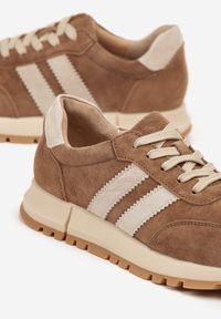Renee - Brązowe Sneakersy ze Skóry Naturalnej z Paskami Kiarre. Okazja: na co dzień. Zapięcie: pasek. Kolor: brązowy. Materiał: skóra #2