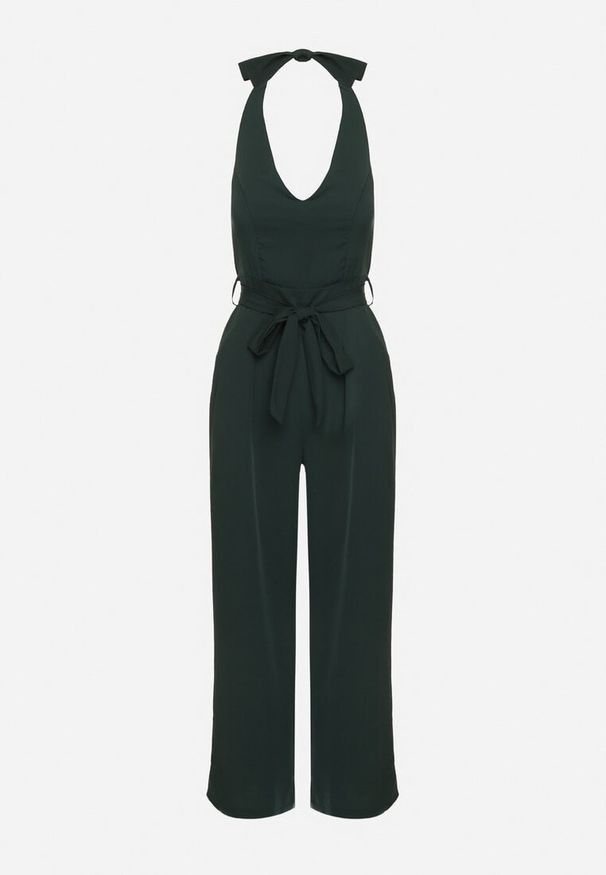 Born2be - Ciemnozielony Taliowany Kombinezon z Paskiem Wiązaniem i Odkrytymi Plecami Malurea. Okazja: na imprezę, na co dzień. Kolor: zielony. Materiał: jeans. Sezon: lato. Styl: casual