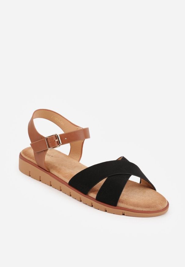 Renee - Czarne Płaskie Sandały VICES z Cholewką ze Skrzyżowanymi Paskami Emelika. Zapięcie: pasek. Kolor: czarny. Wzór: haft. Styl: boho