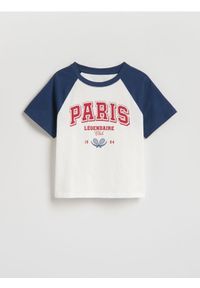 Reserved - T-shirt z kontrastowymi rękawami - złamana biel. Materiał: bawełna #1