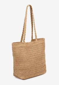 Renee - Ciemnobeżowa Torebka Shopper z Plecionki z Napisem Ulolanea. Kolor: beżowy. Wzór: napisy. Styl: klasyczny, casual