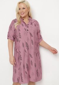 Born2be - Ciemnoróżowa Sukienka Szmizjerka z Guzikami przy Dekolcie z Podwijanymi Rękawami Ketella. Okazja: do pracy, na co dzień. Kolor: różowy. Wzór: aplikacja. Typ sukienki: szmizjerki. Styl: elegancki, casual, sportowy, klasyczny #1