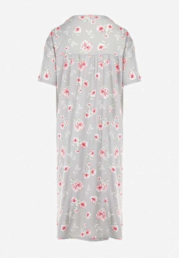 Born2be - Szara Koszula Nocna Dookey. Kolekcja: plus size. Kolor: szary. Materiał: bawełna, tkanina. Długość: krótkie. Wzór: nadruk, kwiaty