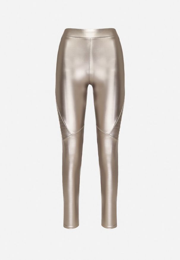 Born2be - Srebrne Ocieplane Spodnie z Imitacji Skóry o Dopasowanym Kroju z Wysokim Stanem Rivaki. Okazja: na co dzień. Stan: podwyższony. Kolor: srebrny. Materiał: skóra. Styl: casual, elegancki