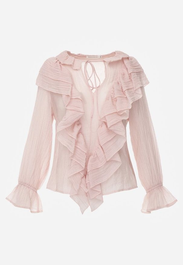 Renee - Różowa Bluzka z Lyocellem w Stylu Boho z Wiązaniem pod Szyją i Falbanami Tasimi. Okazja: na co dzień. Kolor: różowy. Materiał: jeans. Styl: boho