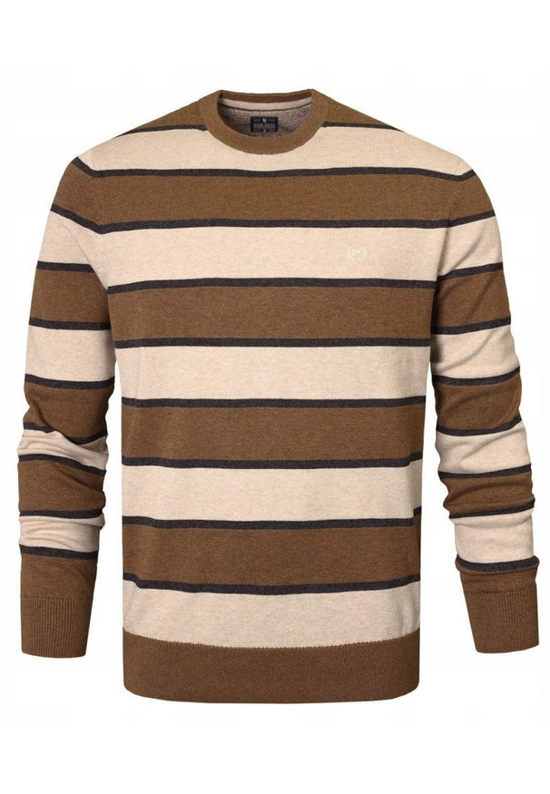 Bawełniany Sweter Męski, Okrągły Dekolt - Pako Jeans - Brąz i Beż, Pasy. Kolor: brązowy, wielokolorowy, beżowy. Materiał: bawełna. Styl: klasyczny, elegancki