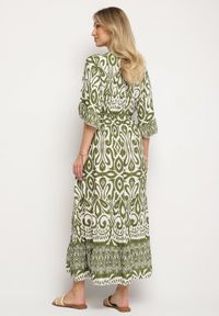 Born2be - Zielona Sukienka Bawełniana w Ornamentalny Wzór z Gumką w Talii Orrielle. Okazja: na co dzień. Typ kołnierza: dekolt w serek. Kolor: zielony. Materiał: bawełna. Typ sukienki: sportowe. Styl: casual, sportowy #4