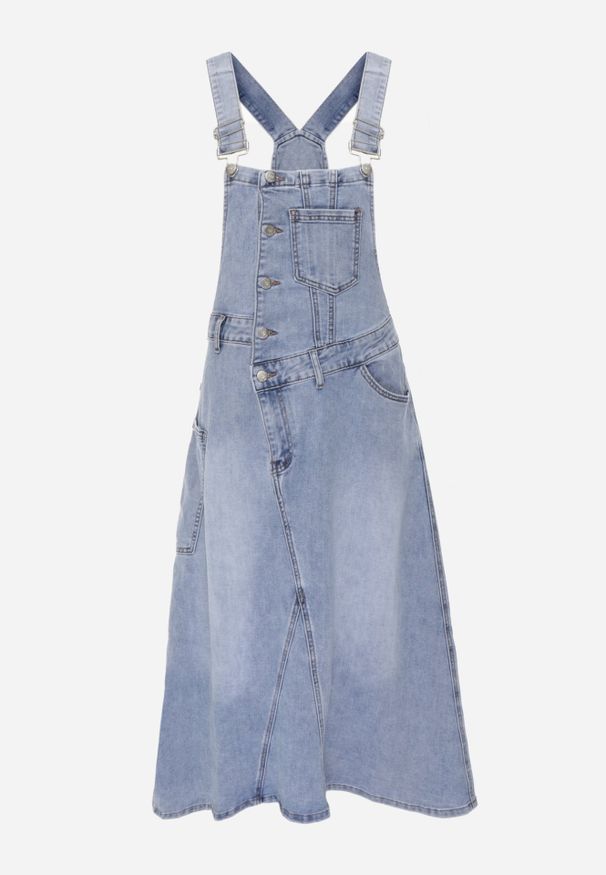 Renee - Niebieska Jeansowa Sukienka Ogrodniczka z Bawełną o Trapezowym Fasonie Orerris. Okazja: na co dzień. Kolor: niebieski. Materiał: bawełna, jeans. Długość rękawa: na ramiączkach. Sezon: lato. Typ sukienki: trapezowe. Styl: retro, casual