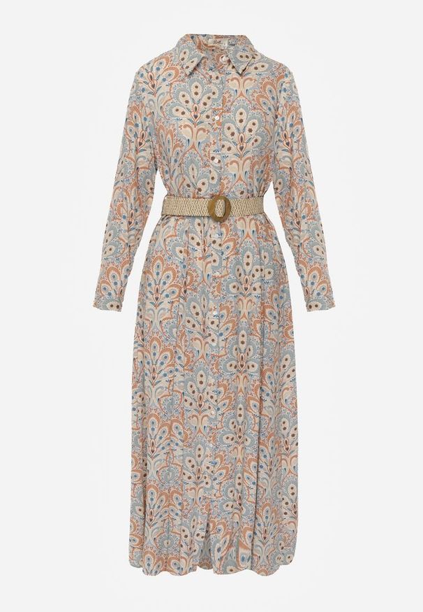 Renee - Jasnoniebieska Koszulowa Sukienka z Dodatkowym Paskiem i Podpinanymi Rękawami Alonie. Kolor: niebieski. Typ sukienki: koszulowe