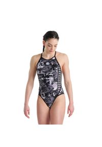 Strój Kąpielowy Arena W Icons Swimsuit Fast Back Allover. Kolor: szary. Wzór: aplikacja, paski, nadruk